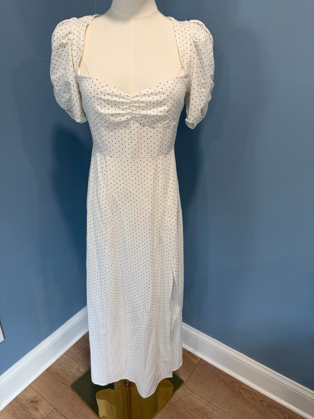 Danielle Bernstein Polka Dot Midi Dress Size 0 White Puff Sleeve Sweetheart Neck